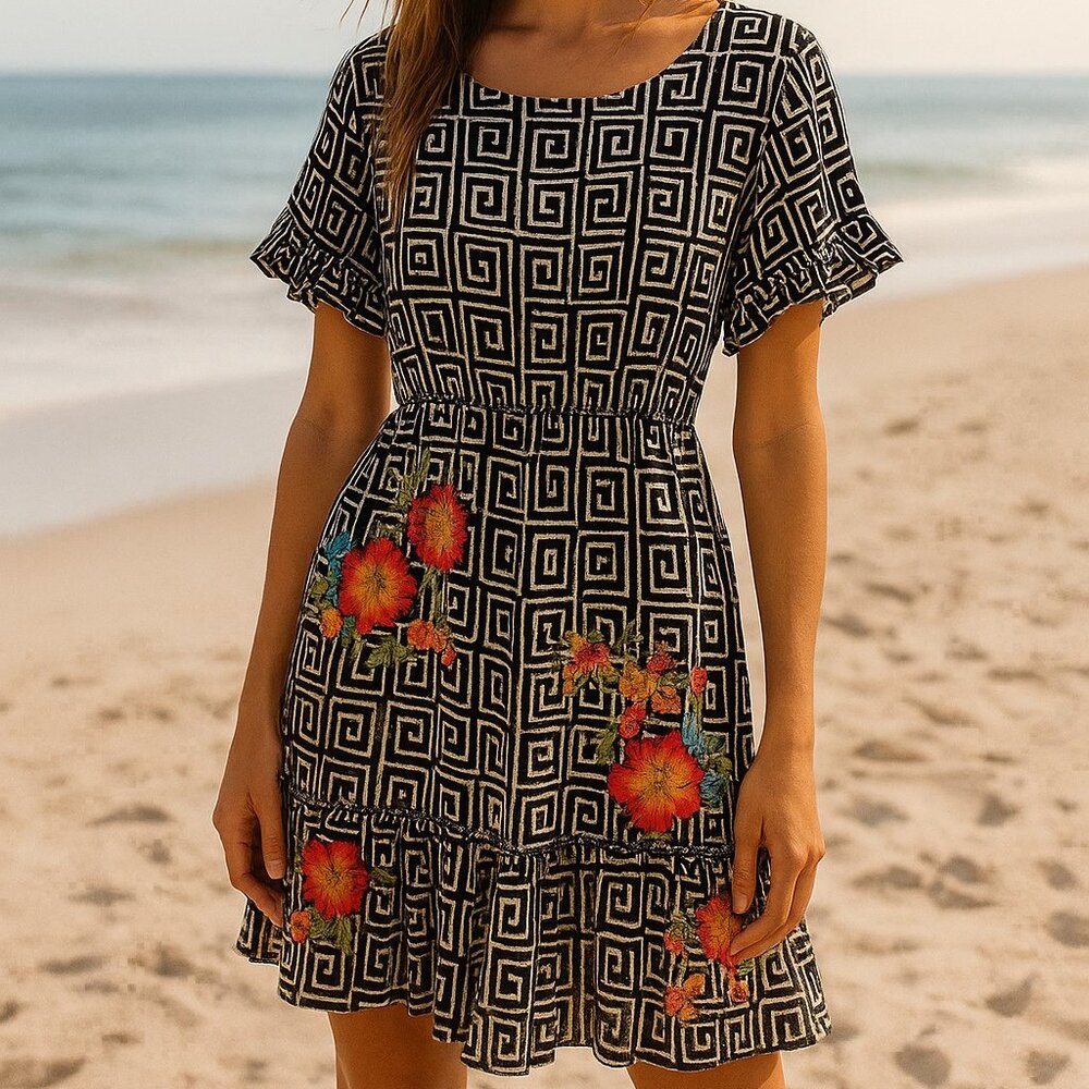 Savanna Jane Dress Floral Embroidered Geometric Boho Flutter Sleeve 2x NWT